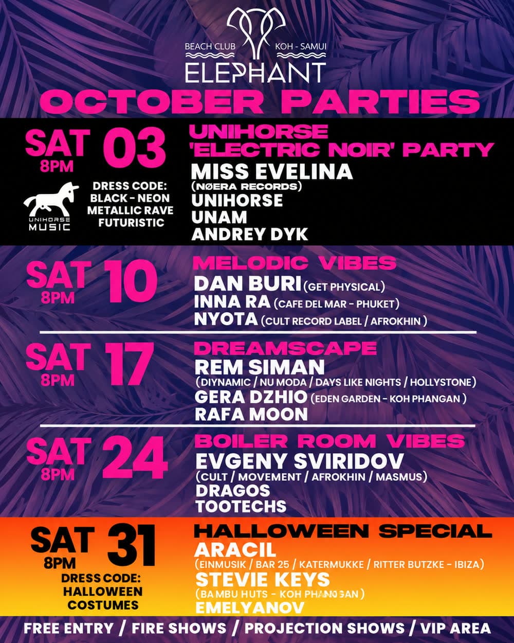 October DJ Parties poster at Elephant Beach Club: Unihorse Electric Noir Party, Melodic Vibes, Dreamscape, Boiler Room Vibes and a Halloween Special, every Saturday from 8pm, free entry, Chaweng Beach, Koh Samui