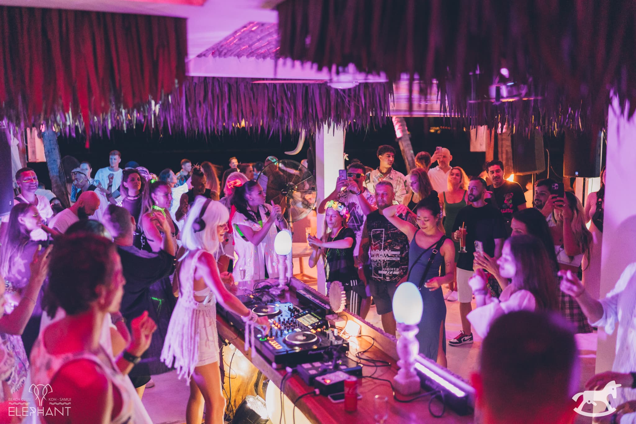 Resident DJ and dancing crowd at Elephant Beach Club after dark, Chaweng Beach