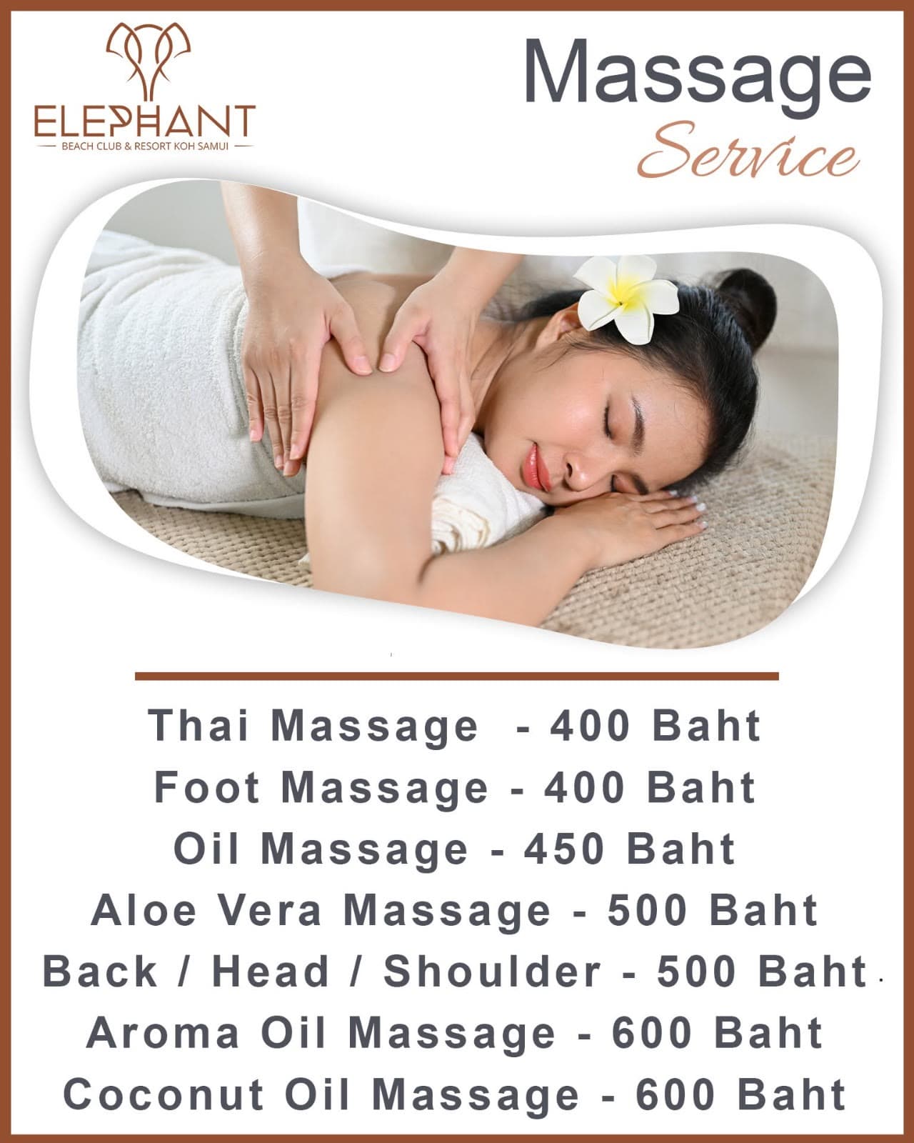 Elephant Beach Club massage service poster with a masseuse at work and the treatment price list, Chaweng Beach, Koh Samui
