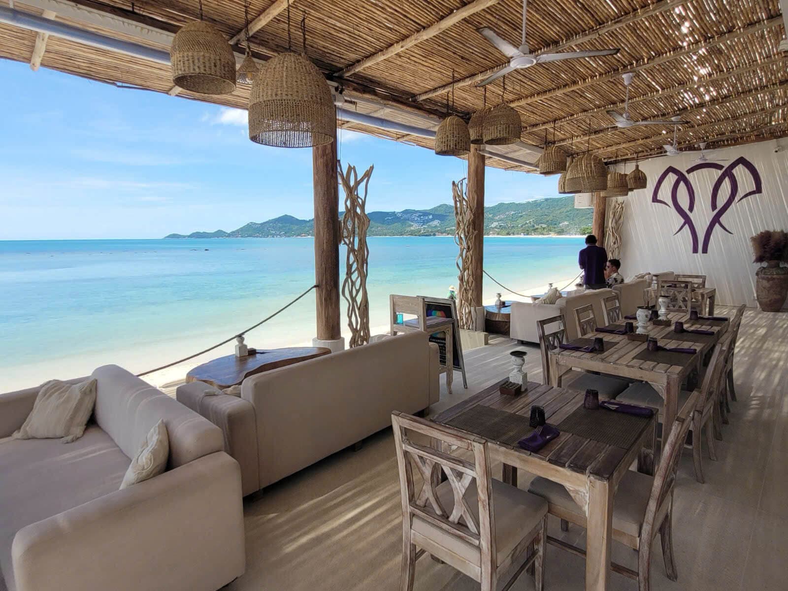 Beach club terrace overlooking the sea at Elephant, Koh Samui