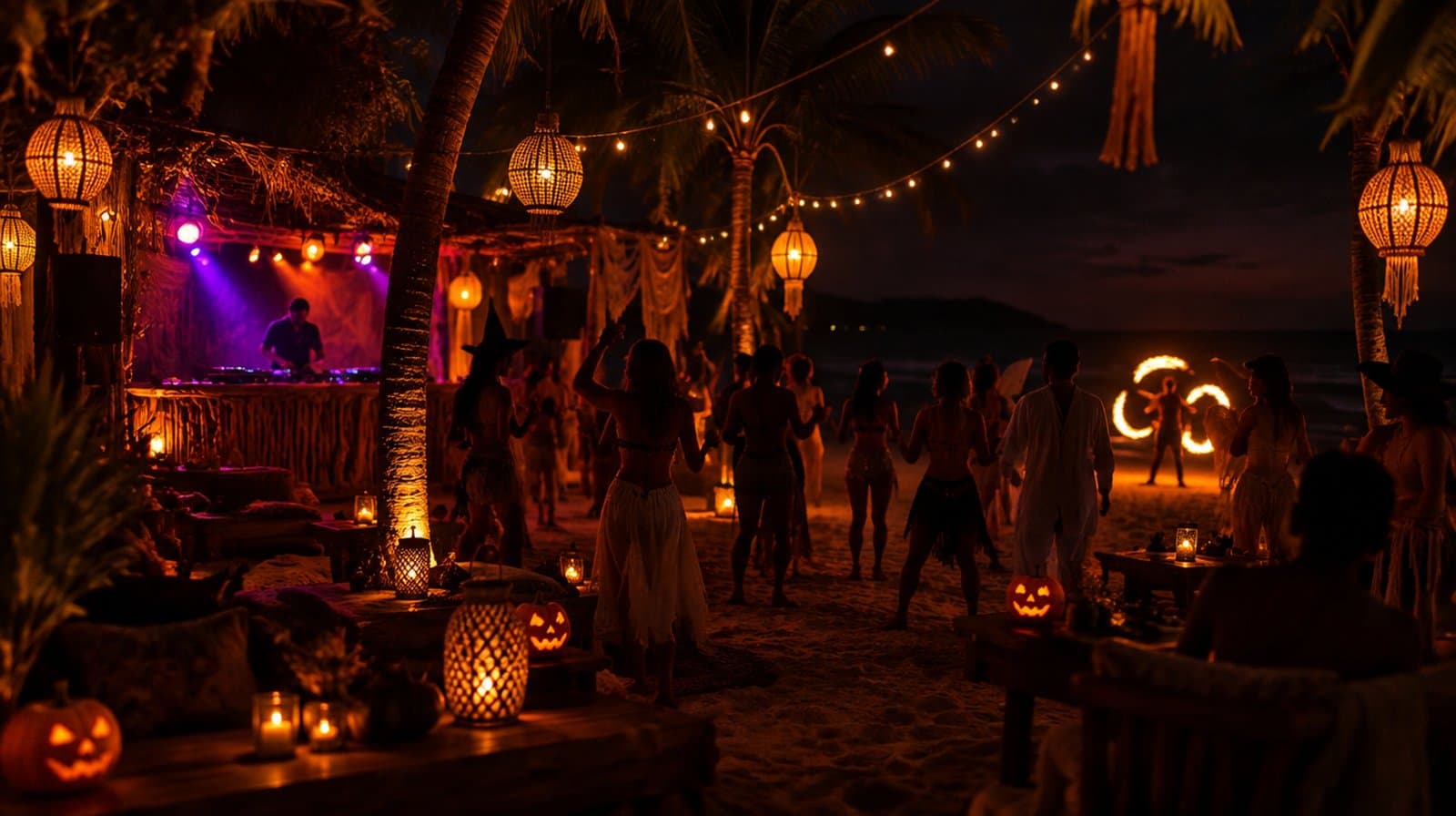 Halloween party on the sand, DJ booth and fire show