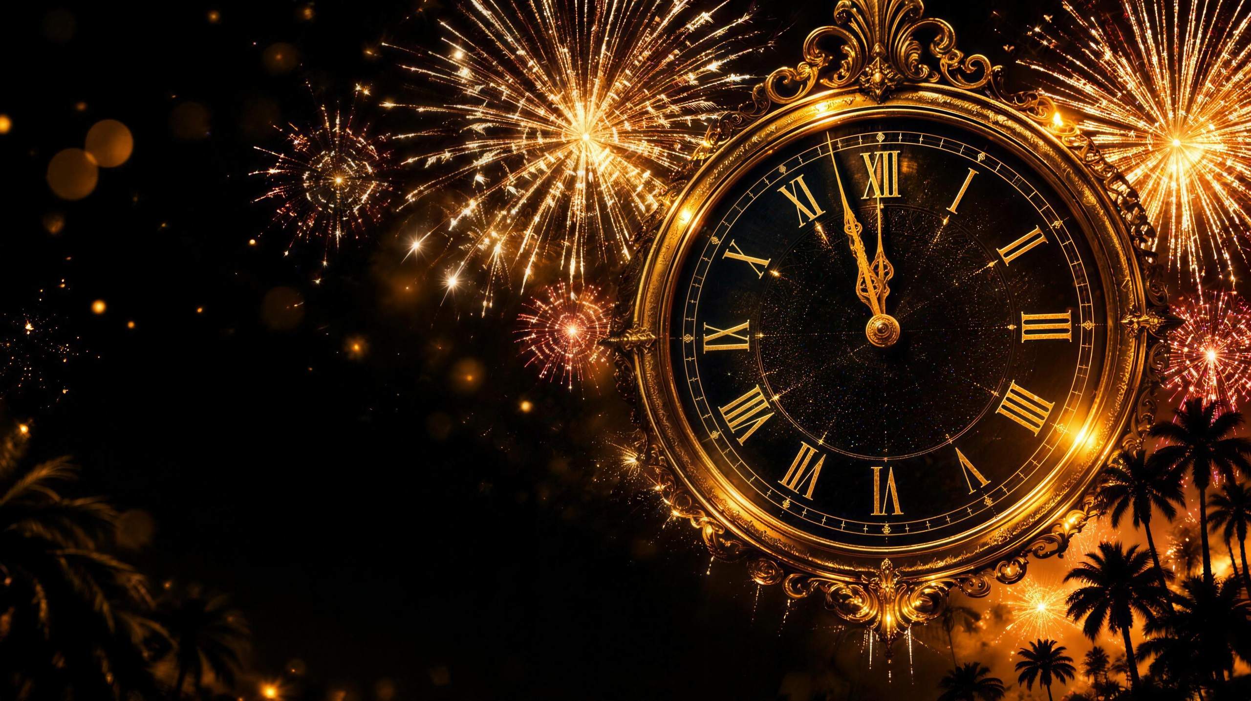 Golden midnight clock and fireworks, New Year's Eve dinner at Elephant Beach Club