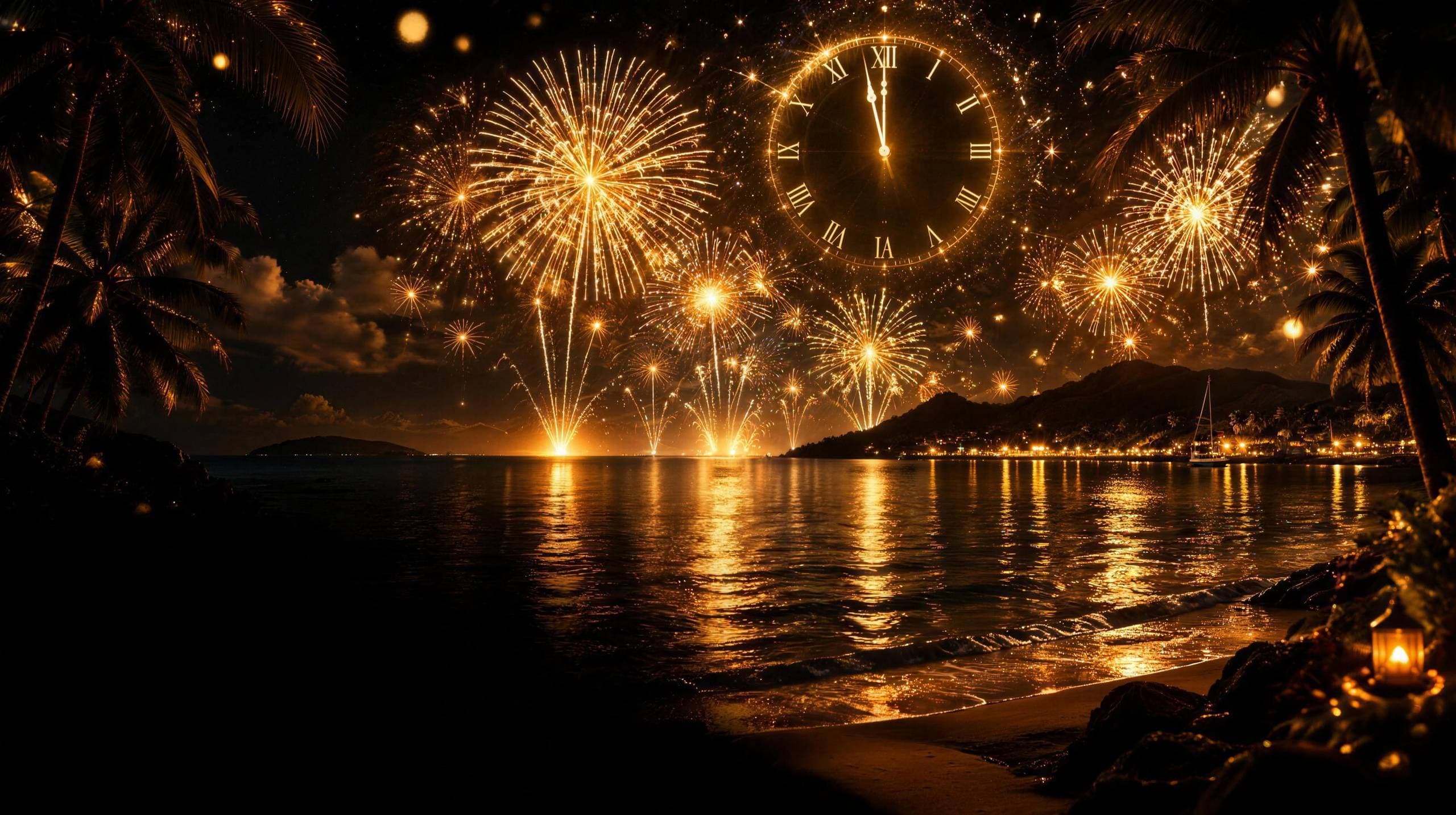 Fireworks over Chaweng Bay at midnight, New Year's Eve at Elephant Beach Club