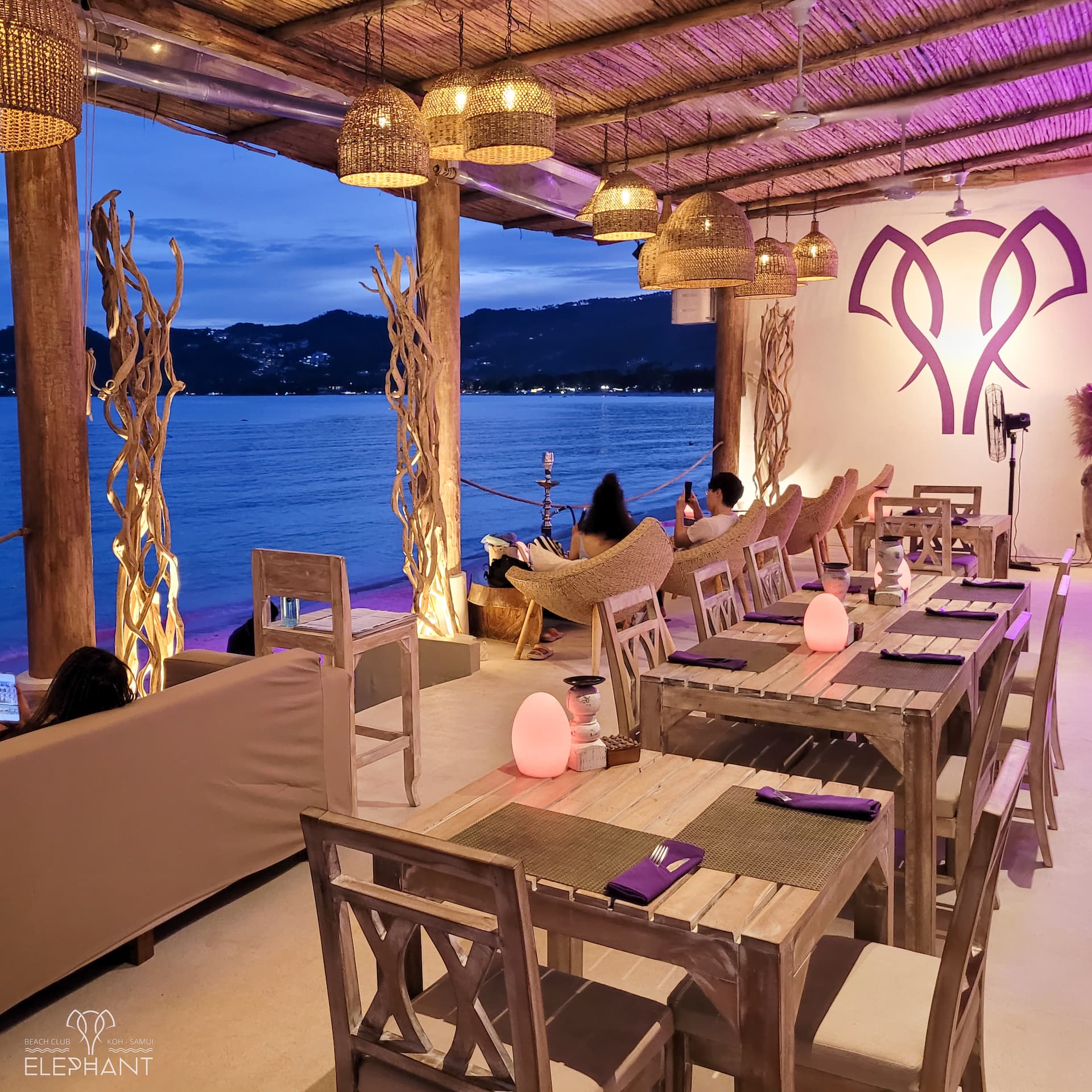 Elephant's beachfront restaurant at dusk with lanterns, Chaweng Beach