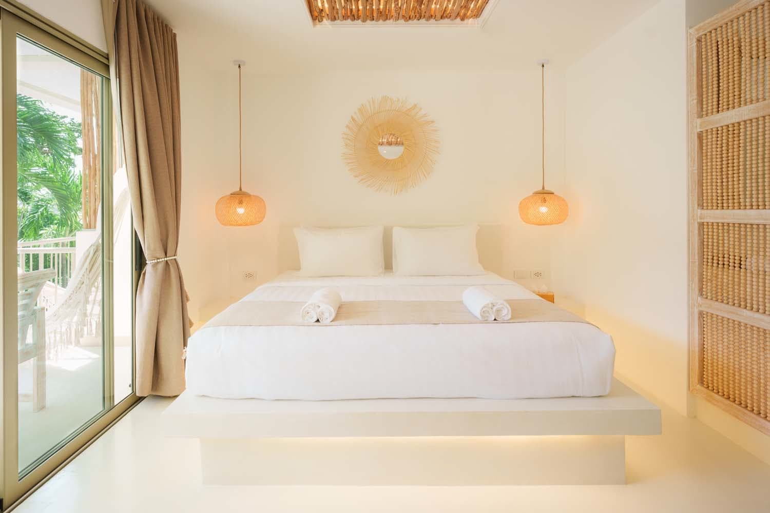 The Deluxe Bungalow bedroom facing the beaded wardrobe door, Chaweng Beach, Elephant Beach Resort