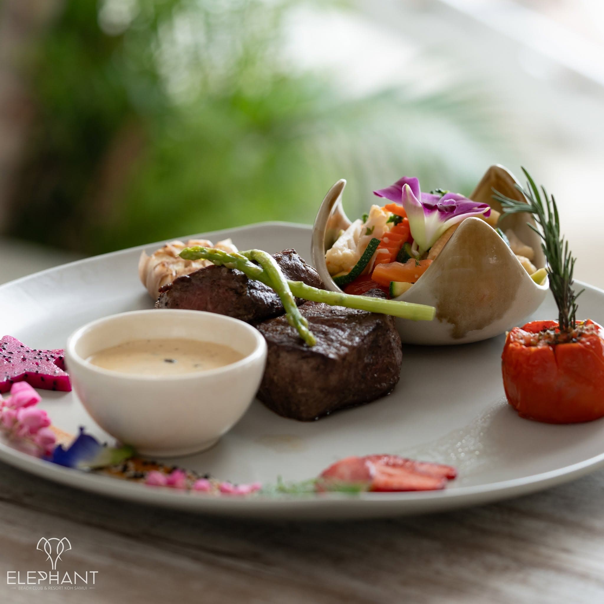 Our surf and turf, beef tenderloin and lobster, plated at Elephant, Chaweng Beach, Koh Samui