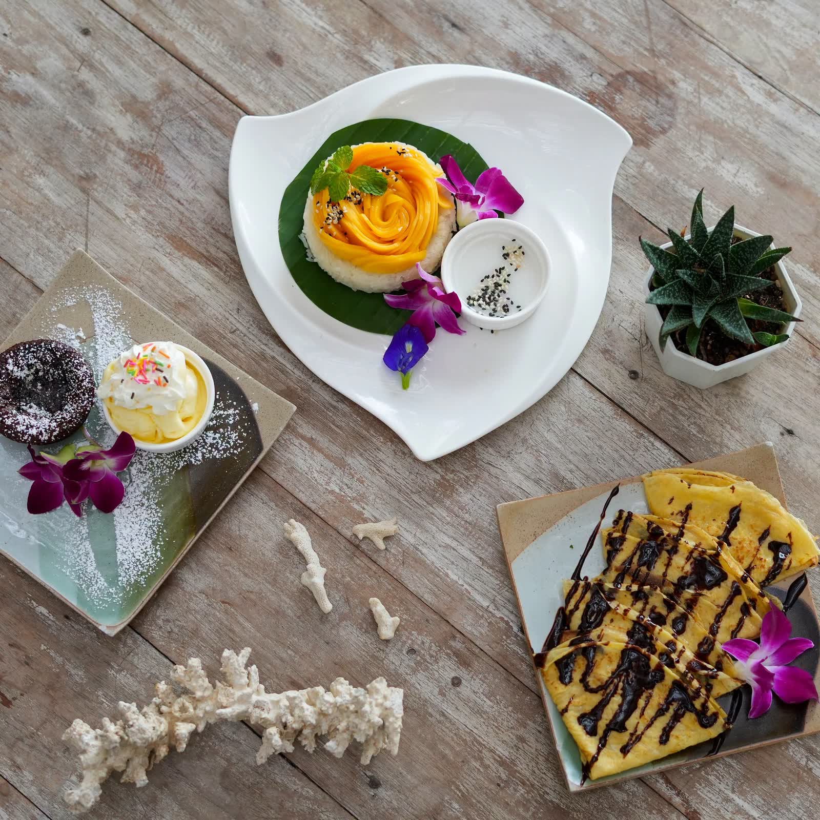 Three desserts, a mango rose, a chocolate cake and a drizzled crepe, at Elephant beachfront restaurant
